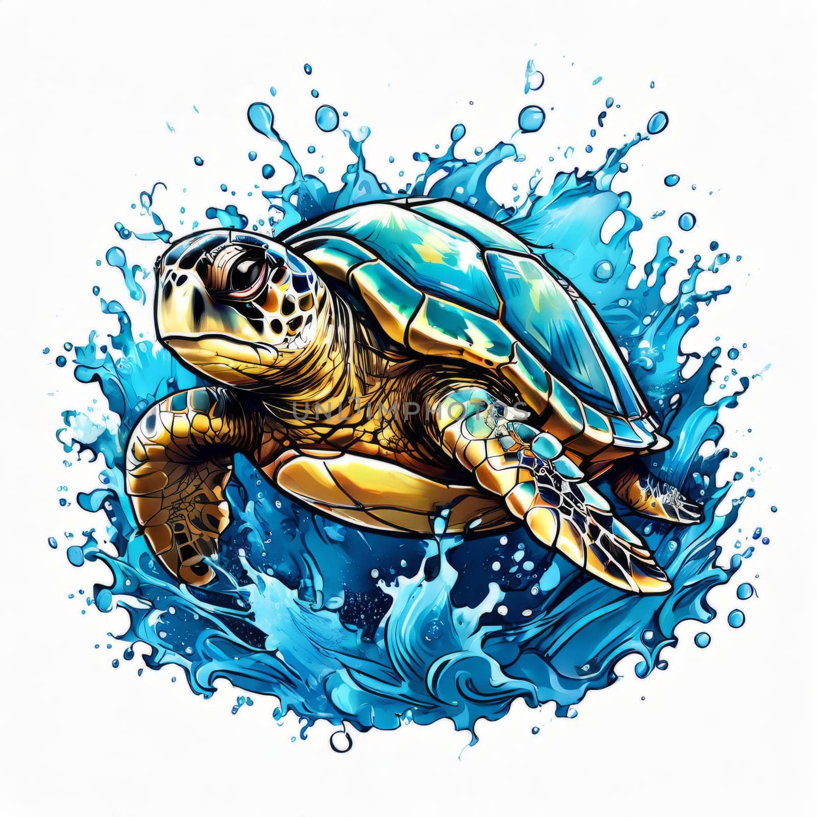 Turtle gracefully swimming in water. For educational materials for kids, game design, animated movies, tourism, stationery, Tshirt design, posters, postcards, childrens books