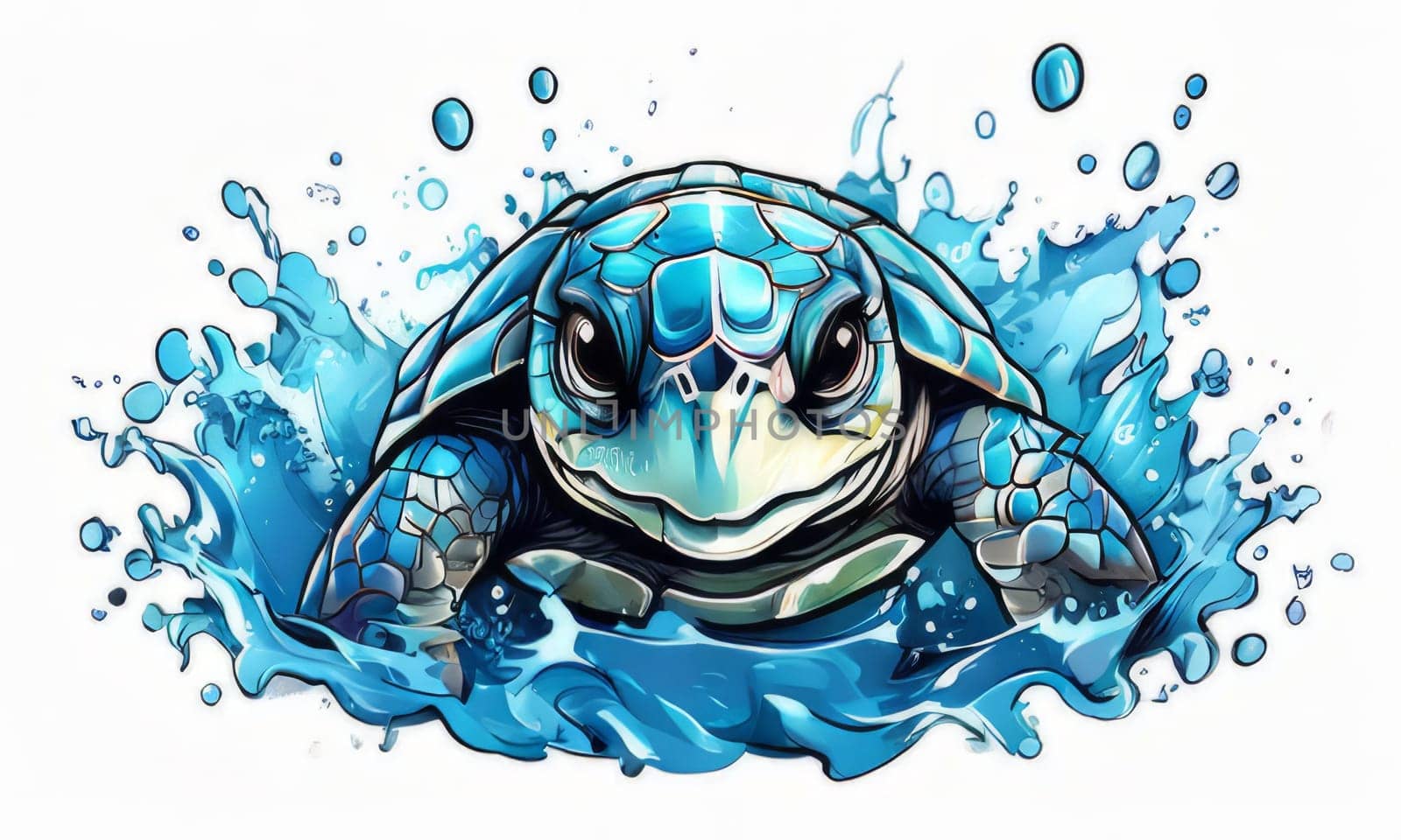 Turtle gracefully swimming in water surrounded by bubbles, showcasing its serene underwater world. For Tshirt design, posters, postcards, other merchandise with marine theme, childrens books