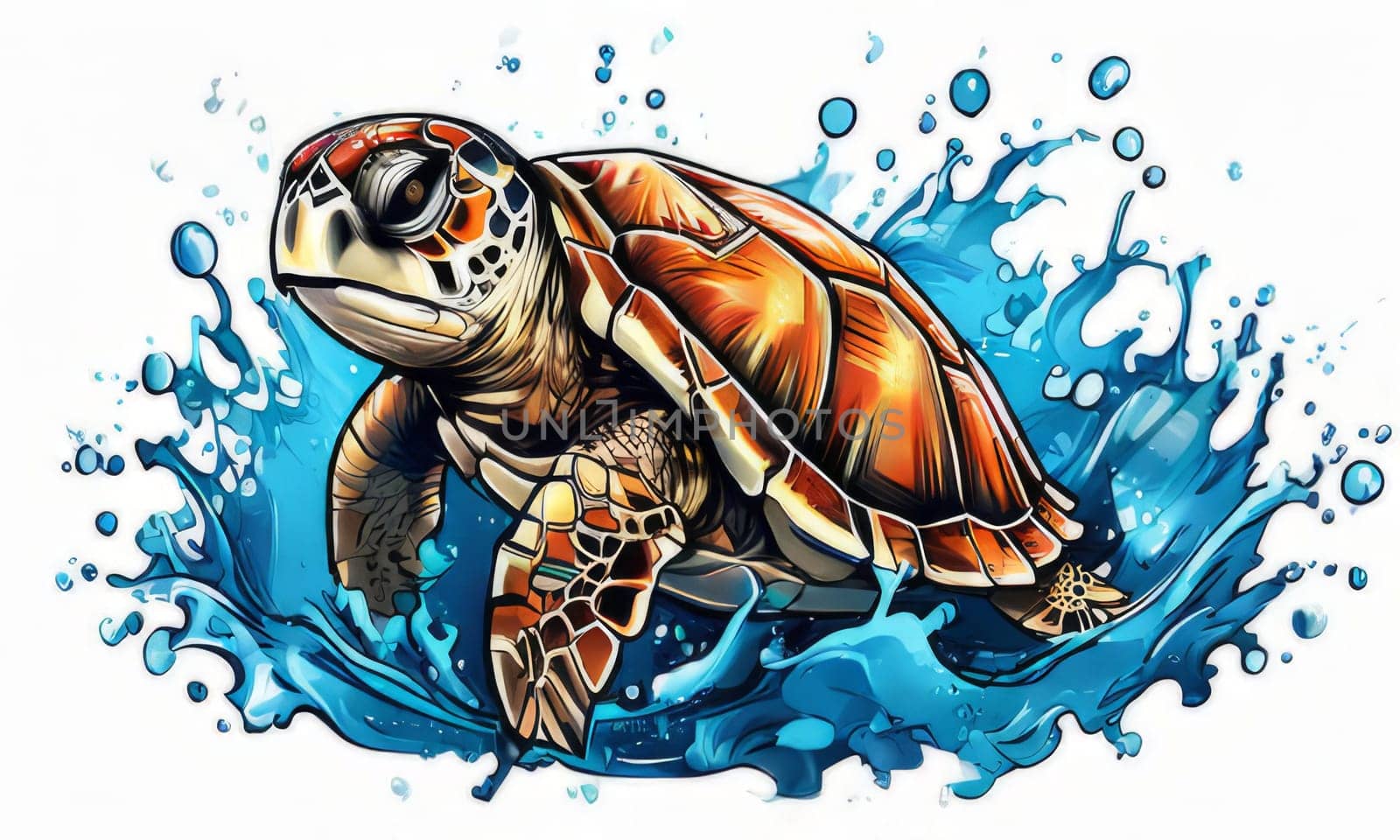 Majestic turtle glides effortlessly through clear blue waters, its shell glistening in sunlight. For educational materials for kids, game design, animated movies, tourism, stationery, Tshirt design