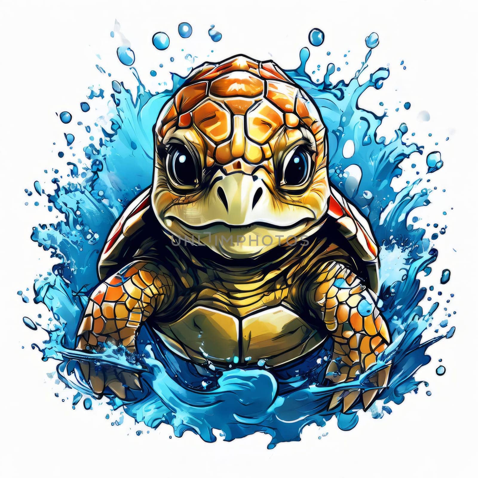 Majestic turtle is seen gliding effortlessly through water, its movements slow, graceful. For Tshirt design, posters, postcards, other merchandise with marine theme, childrens books