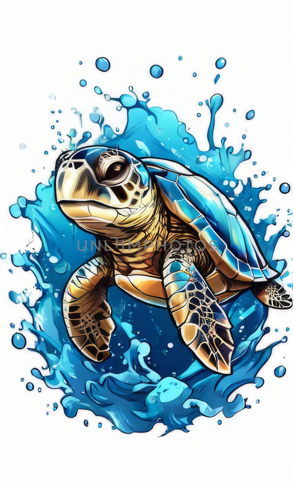 Turtle gracefully swimming in water. For educational materials for kids, game design, animated movies, tourism, stationery, Tshirt design, posters, postcards, childrens books