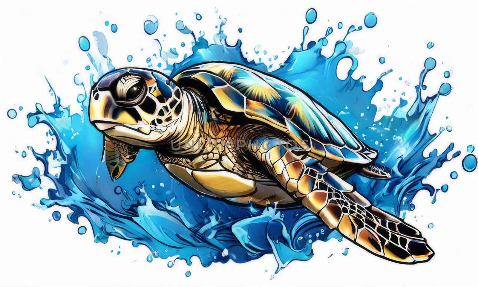 Turtle glides through its aquatic environment, showcasing beauty, tranquility of underwater world. For Tshirt design, posters, postcards, other merchandise with marine theme, childrens books, tourism