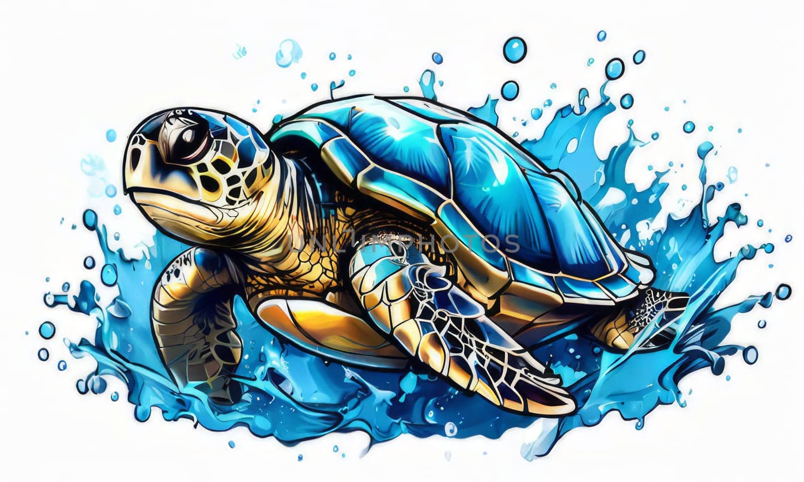 Turtle gracefully swimming in water surrounded by bubbles, showcasing its serene underwater world. For Tshirt design, posters, postcards, other merchandise with marine theme, childrens books