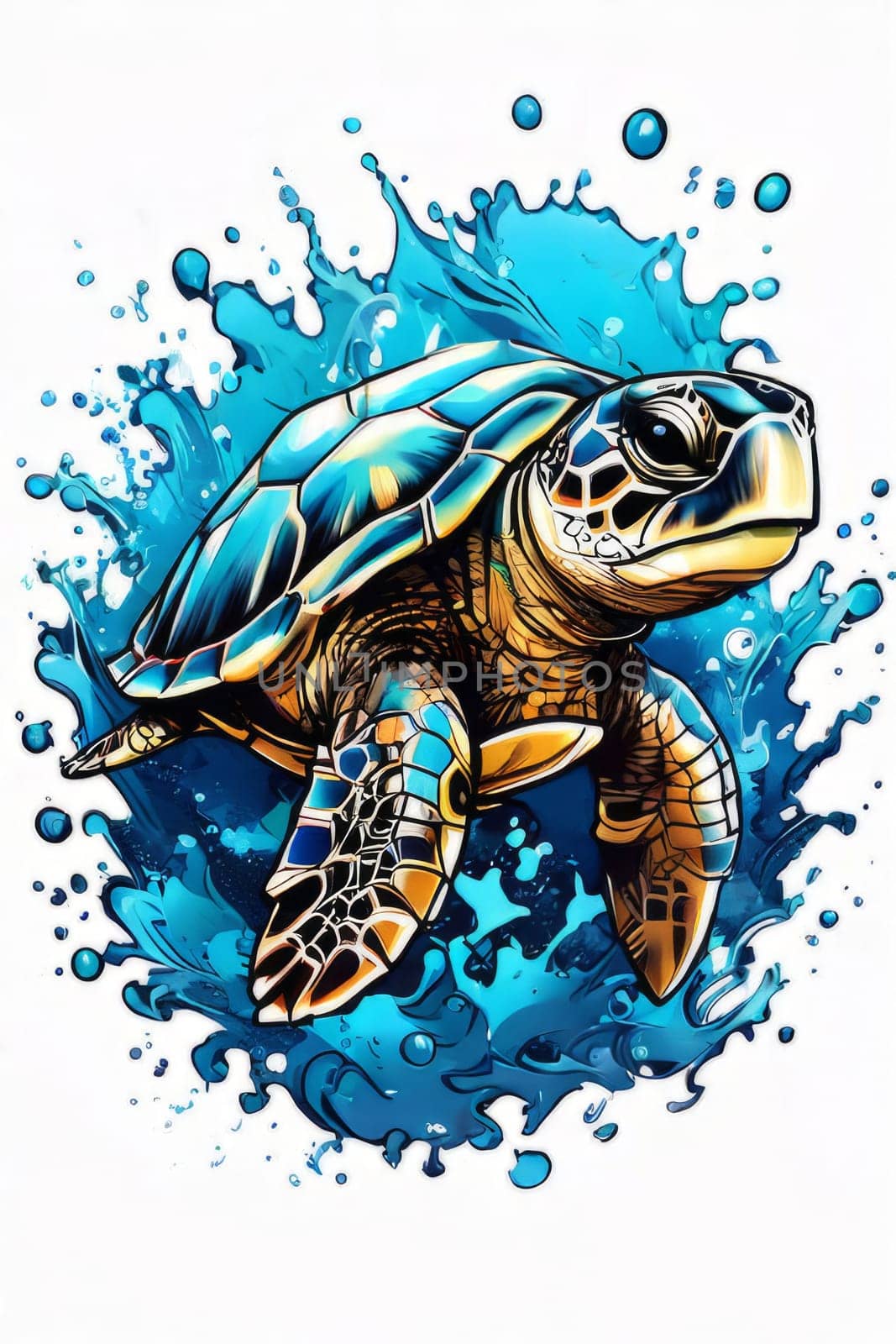 Serene turtle gracefully swimming through water amidst trail of bubbles. For fashion, clothing design, animal themed clothing advertising, as illustration for interesting clothing style, Tshirt design