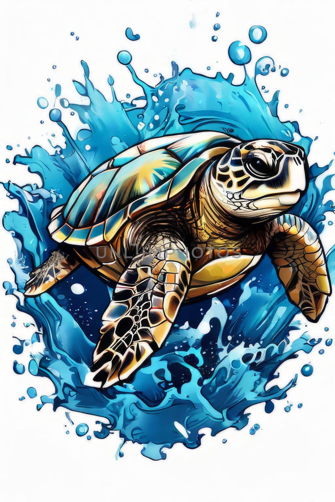 Turtle gracefully swimming in water surrounded by bubbles, showcasing its serene underwater world. For Tshirt design, posters, postcards, other merchandise with marine theme, childrens books. by Angelsmoon