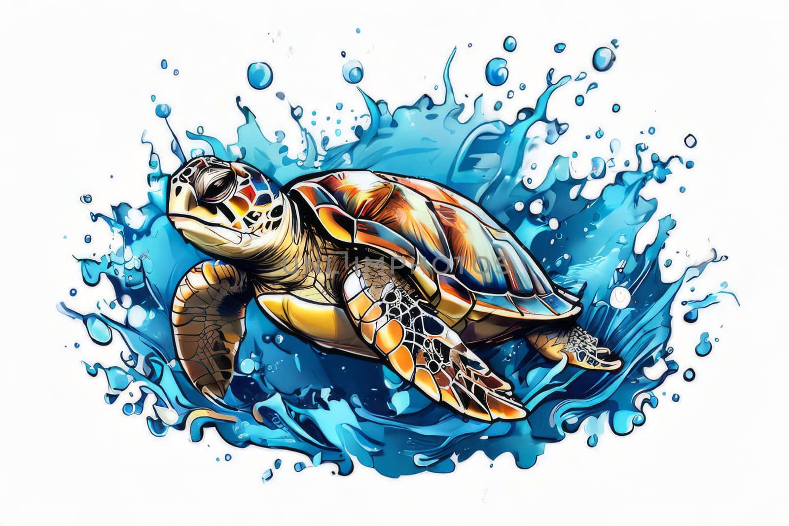 Serene turtle gracefully swimming through water amidst trail of bubbles. For fashion, clothing design, animal themed clothing advertising, as illustration for interesting clothing style,Tshirt design. by Angelsmoon