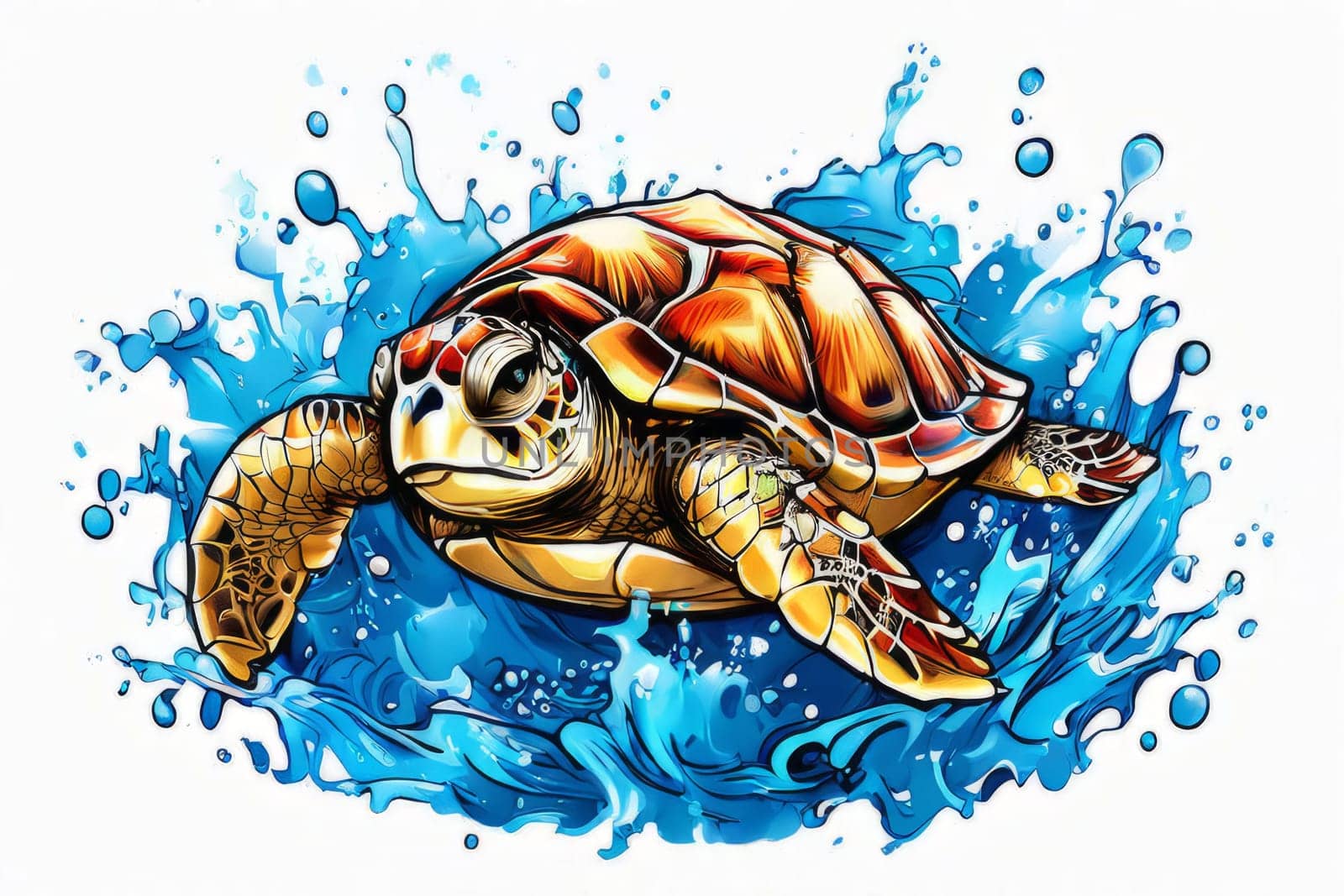 Vibrant sea turtle elegantly maneuvering its way through shimmering azure ocean depths, showcasing beauty, tranquility of marine life in its natural habitat.For fashion, clothing design, Tshirt design