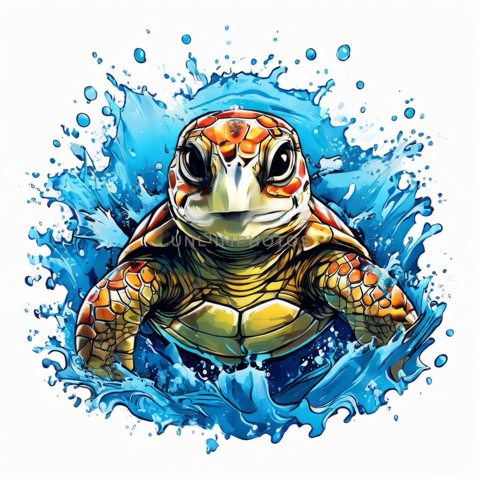 Majestic turtle glides effortlessly through clear blue waters, its shell glistening in sunlight. For educational materials for kids, game design, animated movies, tourism, stationery, Tshirt design