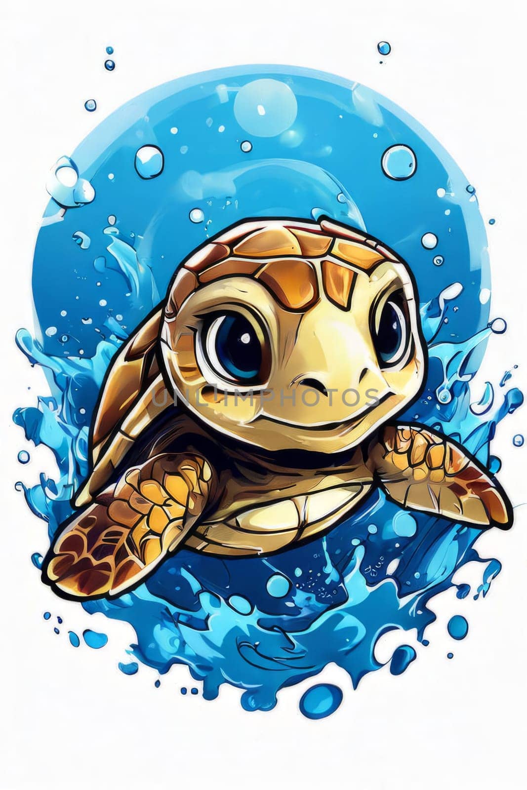 Majestic turtle is seen gliding effortlessly through water, its movements slow, graceful. For Tshirt design, posters, postcards, other merchandise with marine theme, childrens books