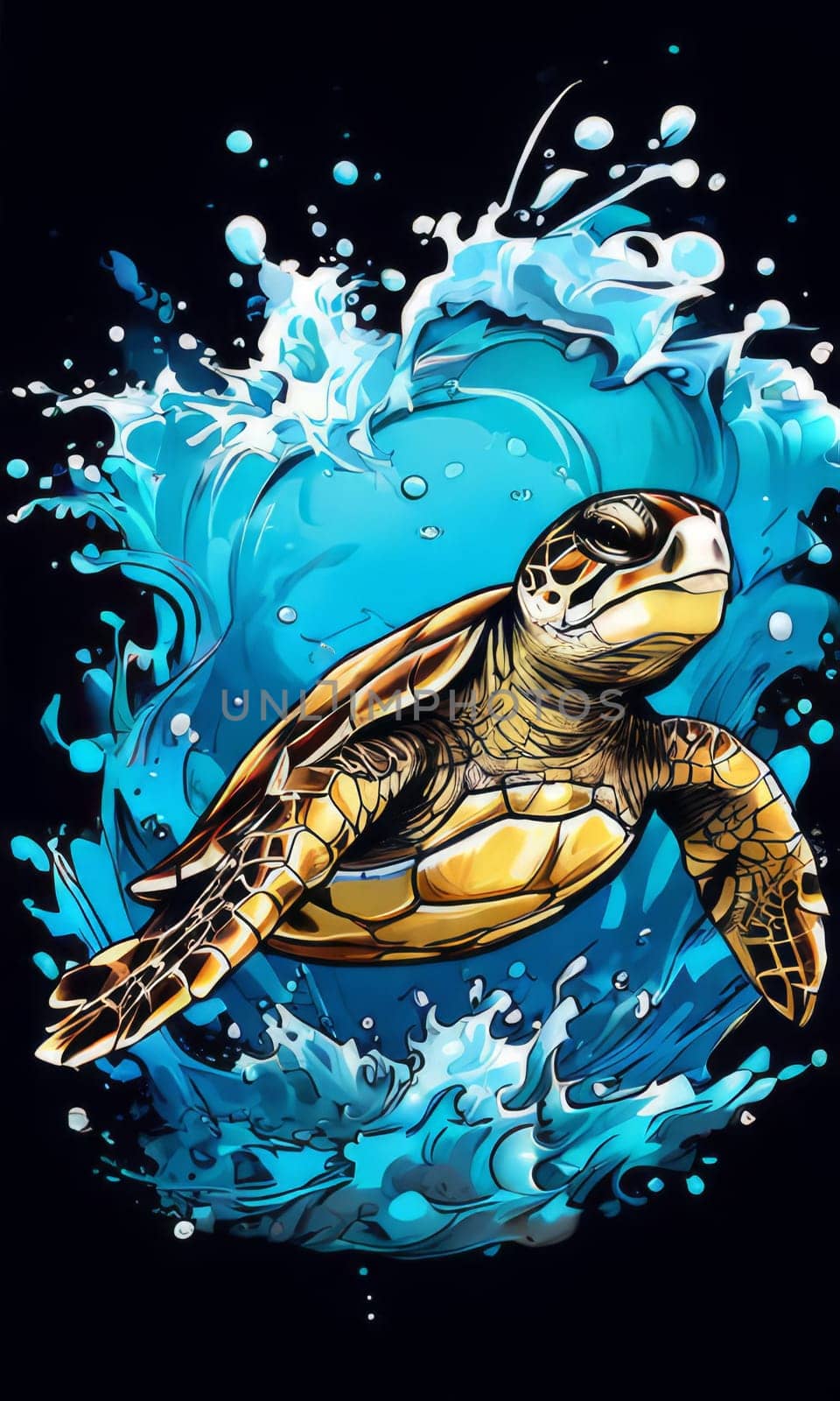 Exquisite image showcasing serene turtle gliding through crystal-clear blue waters of ocean. For fashion, clothing design, animal themed clothing advertising, Tshirt design