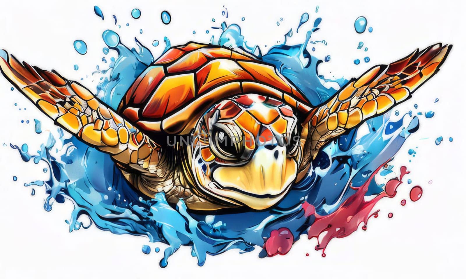Turtle glides through its aquatic environment, showcasing beauty, tranquility of underwater world. For Tshirt design, posters, postcards, other merchandise with marine theme, childrens books, tourism