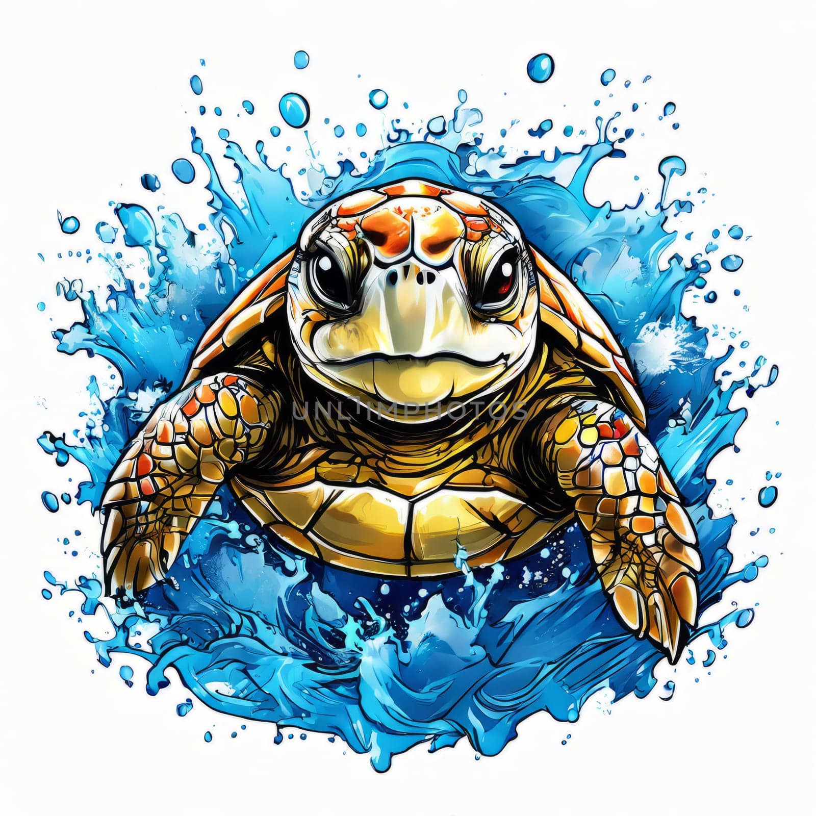 Turtle gracefully swimming in water surrounded by bubbles, showcasing its serene underwater world. For Tshirt design, posters, postcards, other merchandise with marine theme, childrens books