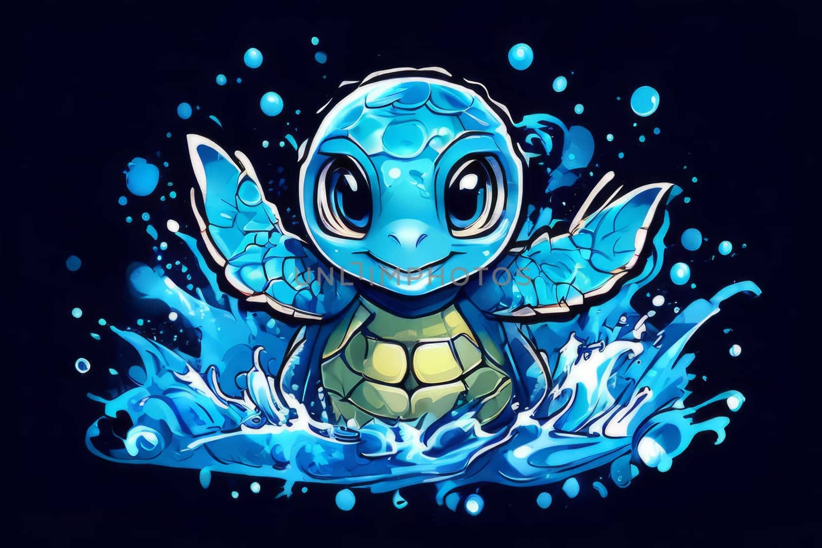 Majestic turtle glides effortlessly through clear blue waters, its shell glistening in sunlight. For educational materials for kids, game design, animated movies, tourism, stationery, Tshirt design