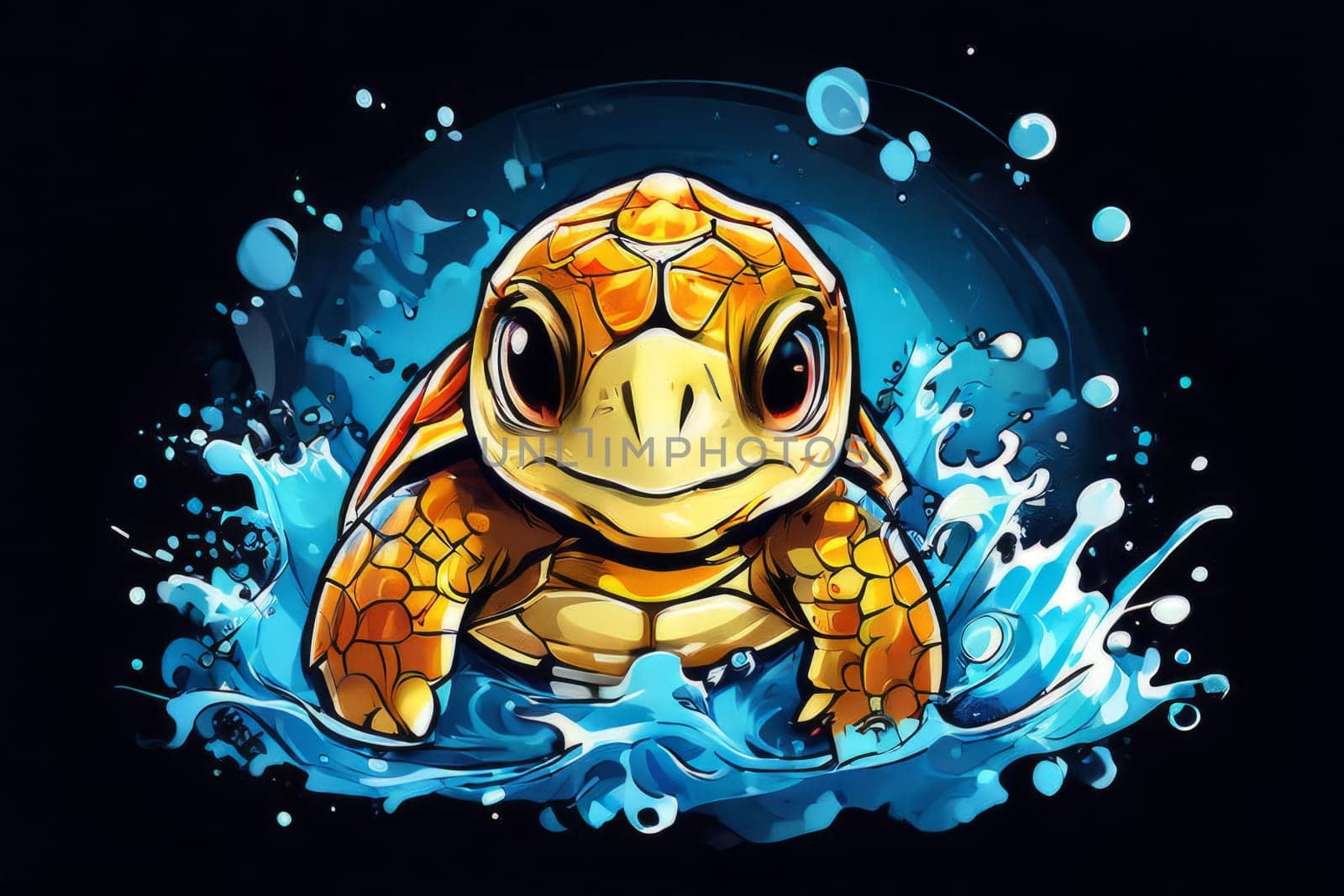 Serene turtle gracefully swimming through water amidst trail of bubbles. For fashion, clothing design, animal themed clothing advertising, as illustration for interesting clothing style, Tshirt design