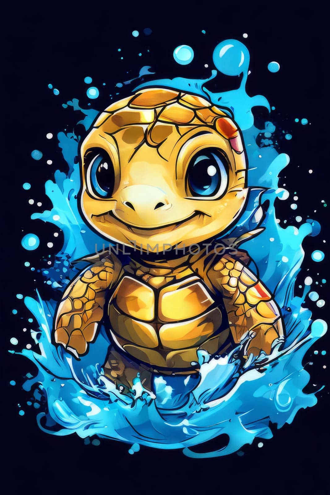 Turtle gracefully swimming in water surrounded by bubbles, showcasing its serene underwater world. For Tshirt design, posters, postcards, other merchandise with marine theme, childrens books
