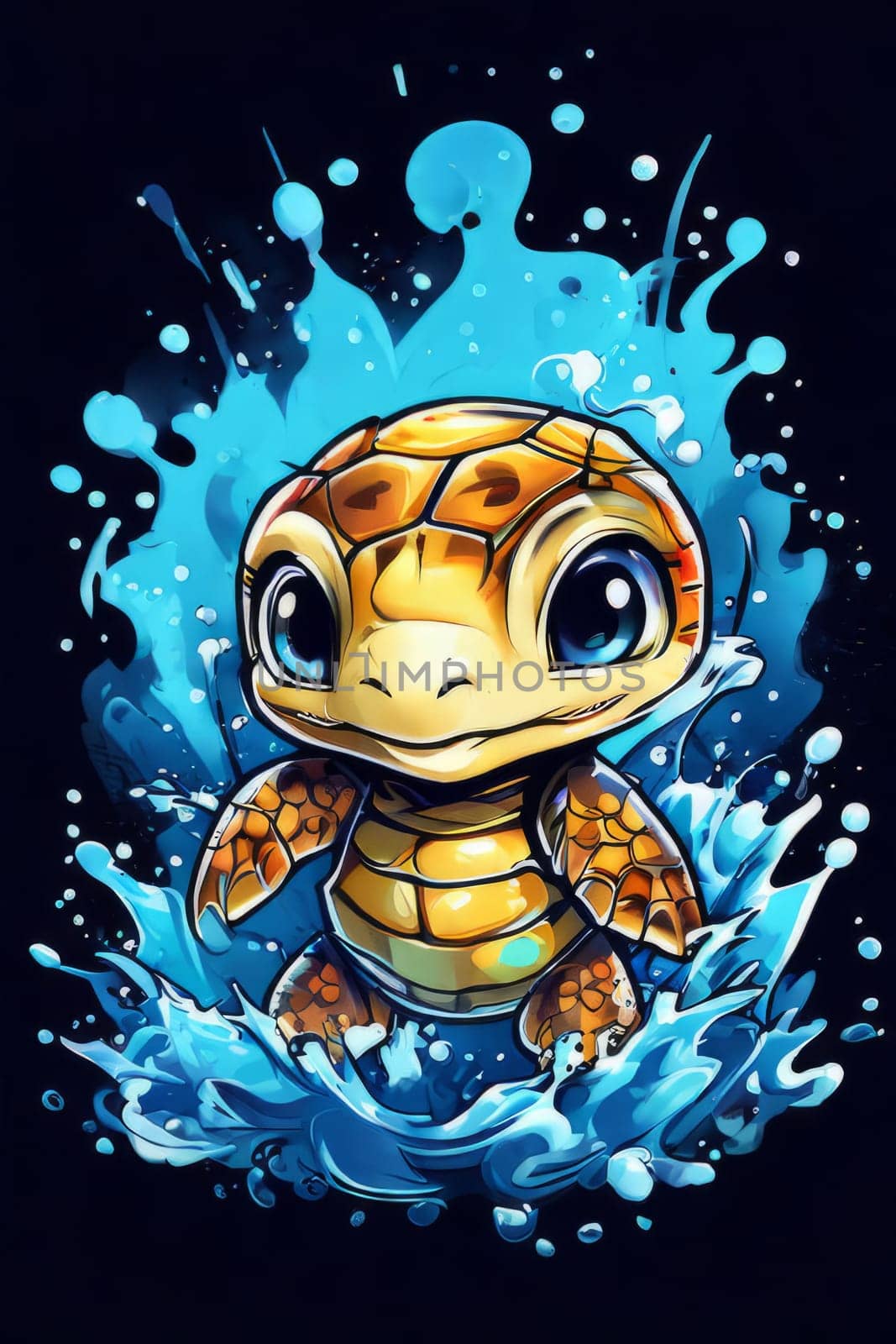 Majestic turtle glides effortlessly through clear blue waters, its shell glistening in sunlight. For educational materials for kids, game design, animated movies, tourism, stationery, Tshirt design