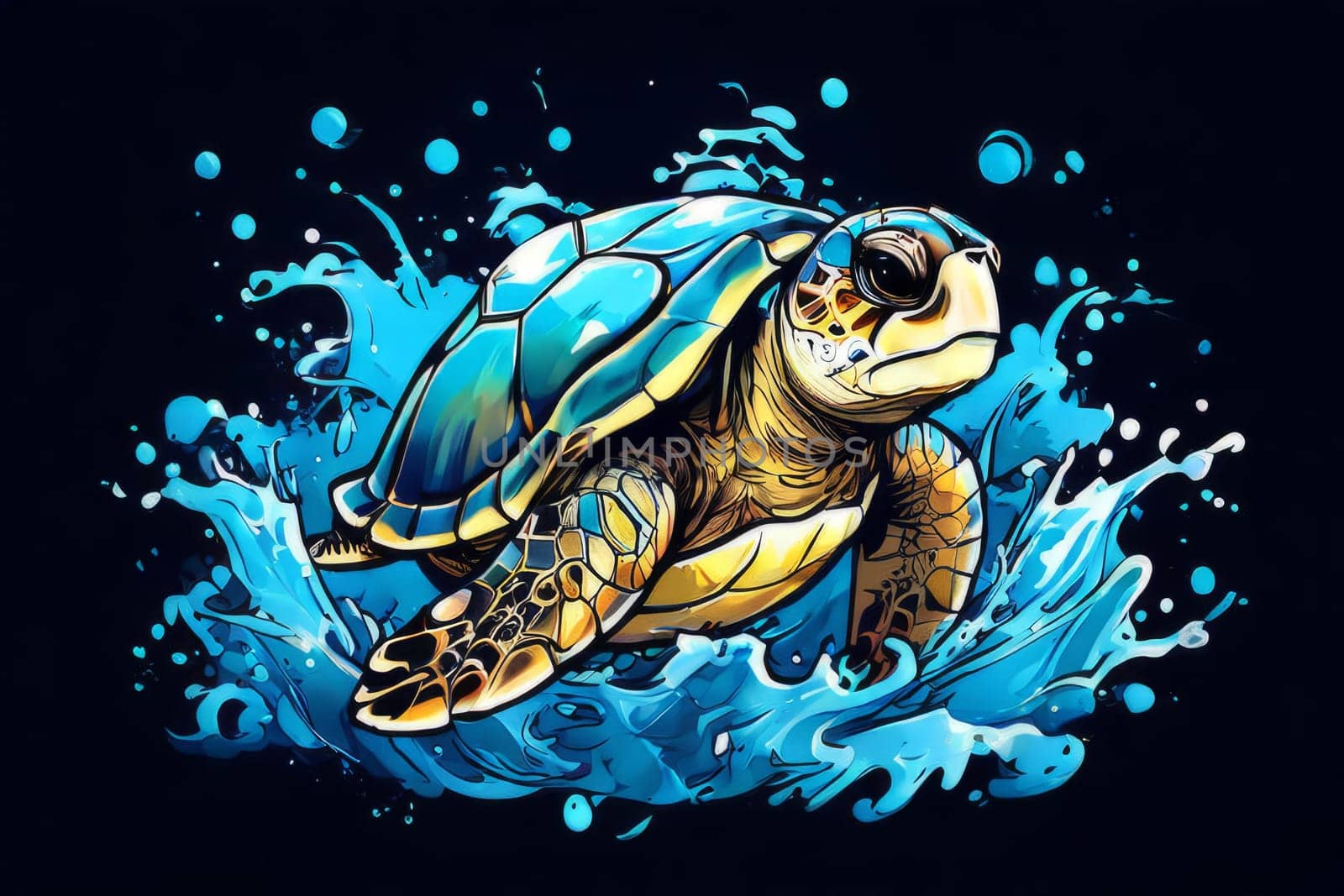 Exquisite image showcasing serene turtle gliding through crystal-clear blue waters of ocean. For fashion, clothing design, animal themed clothing advertising, Tshirt design