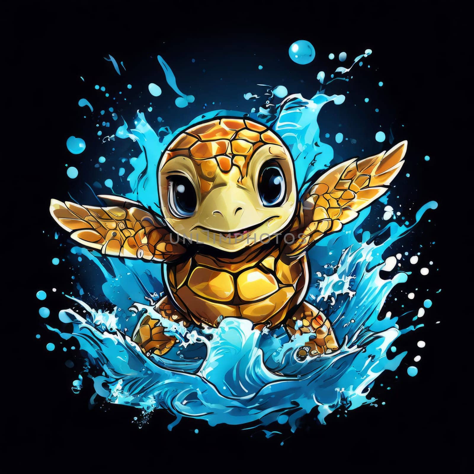 Turtle gracefully swimming in water. For educational materials for kids, game design, animated movies, tourism, stationery, Tshirt design, posters, postcards, childrens books