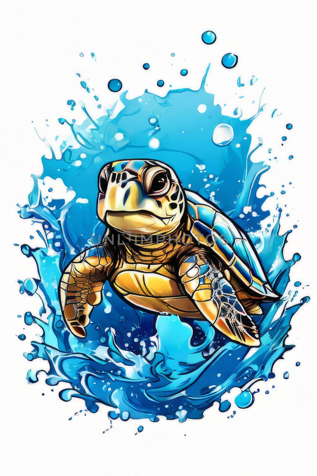 Majestic turtle is seen gliding effortlessly through water, its movements slow, graceful. For Tshirt design, posters, postcards, other merchandise with marine theme, childrens books