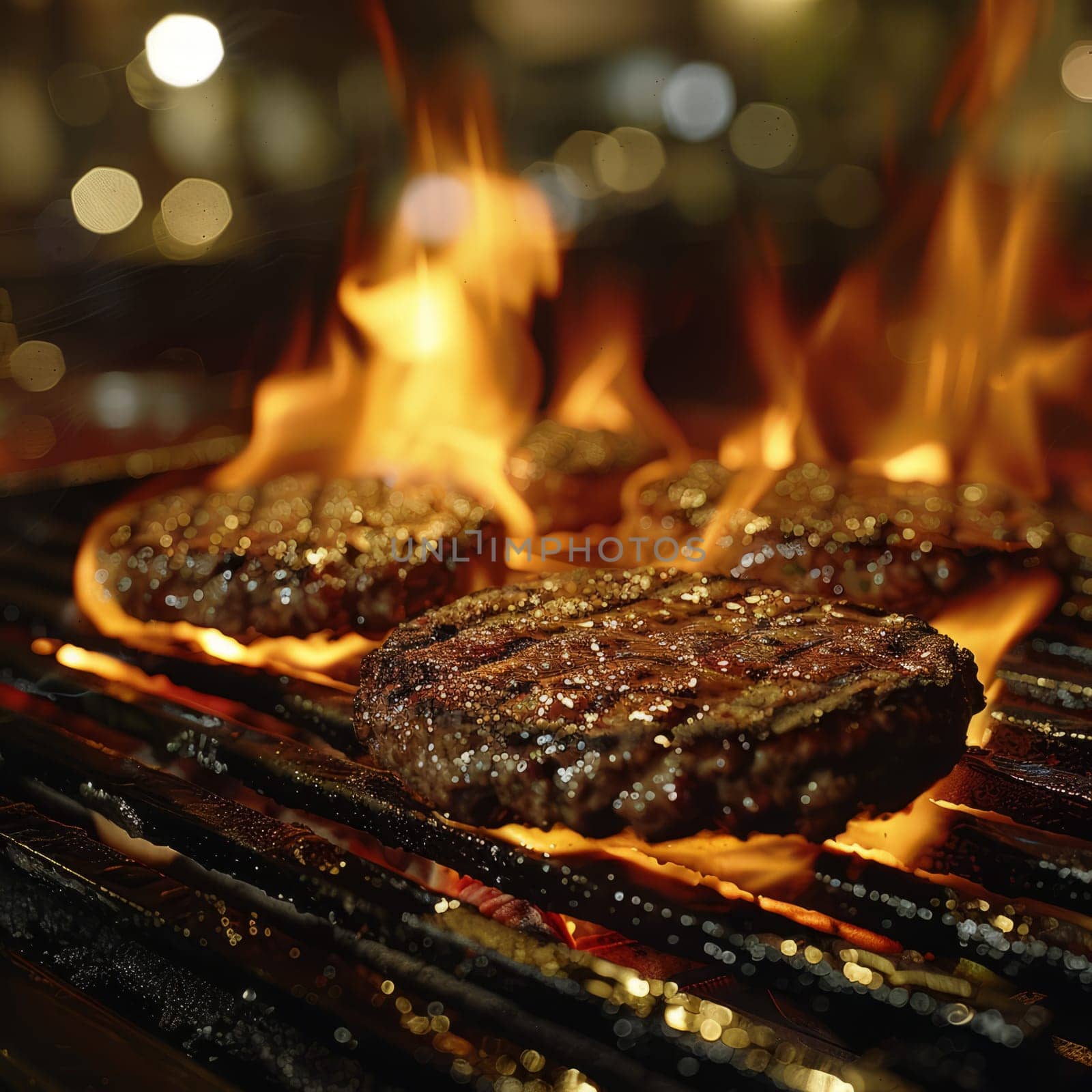 Beef meat minced hamburgers over the flaming grill barbecue fire. Ai generated