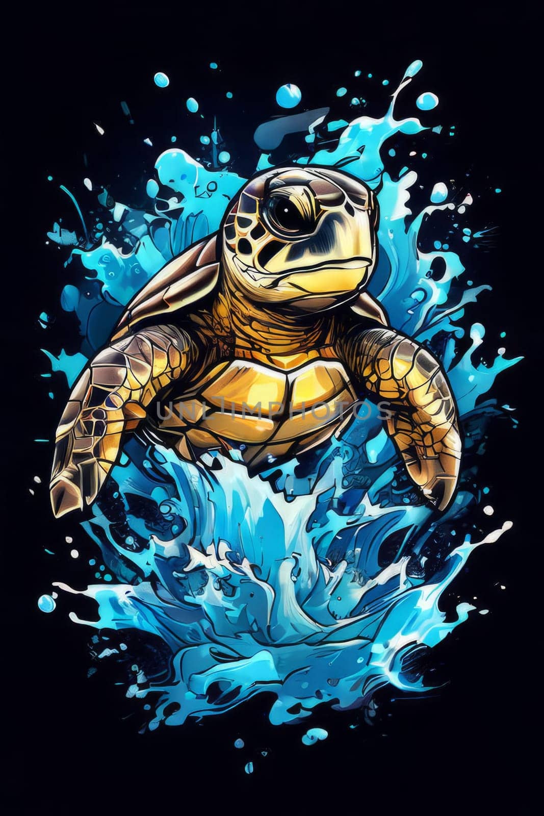 Turtle glides through its aquatic environment, showcasing beauty, tranquility of underwater world. For Tshirt design, posters, postcards, other merchandise with marine theme, childrens books, tourism. by Angelsmoon