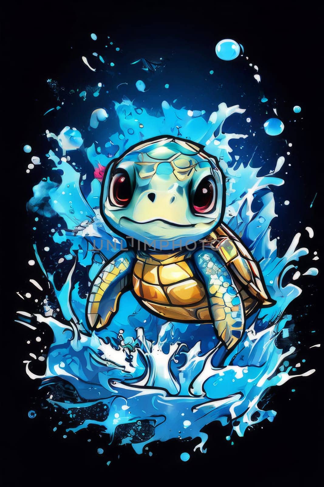 Vibrant sea turtle elegantly maneuvering its way through shimmering azure ocean depths, showcasing beauty, tranquility of marine life in its natural habitat. For fashion,clothing design, Tshirt design by Angelsmoon
