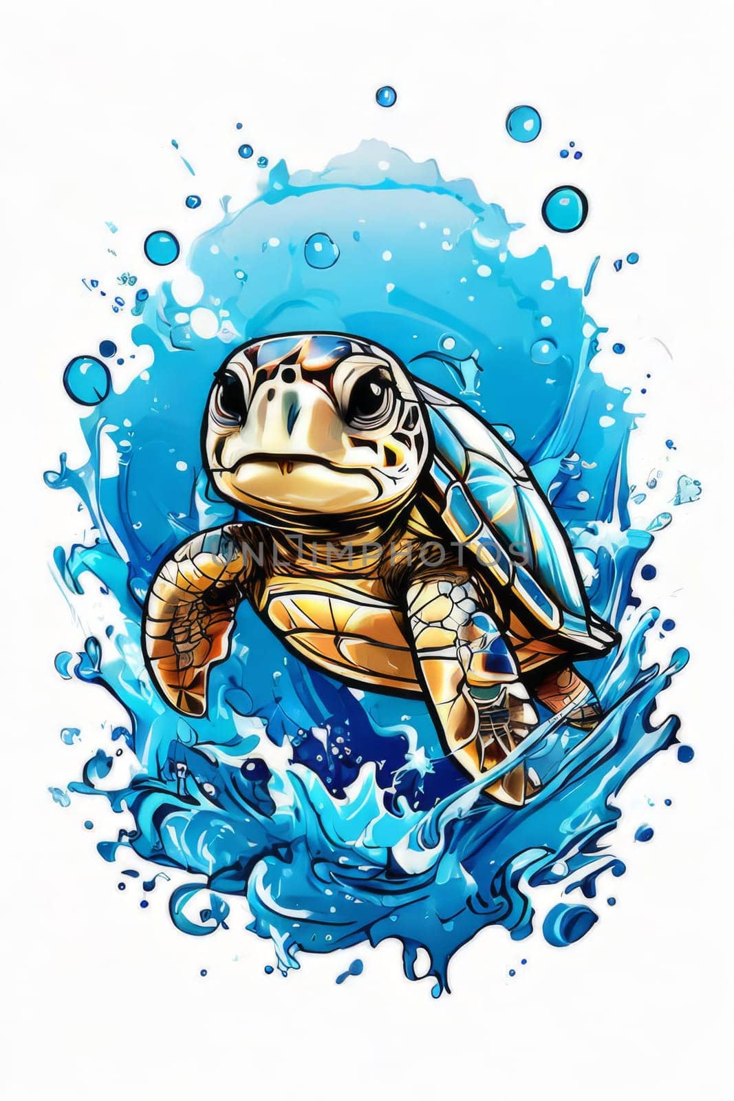 Turtle gracefully swimming in water surrounded by bubbles, showcasing its serene underwater world. For Tshirt design, posters, postcards, other merchandise with marine theme, childrens books. by Angelsmoon