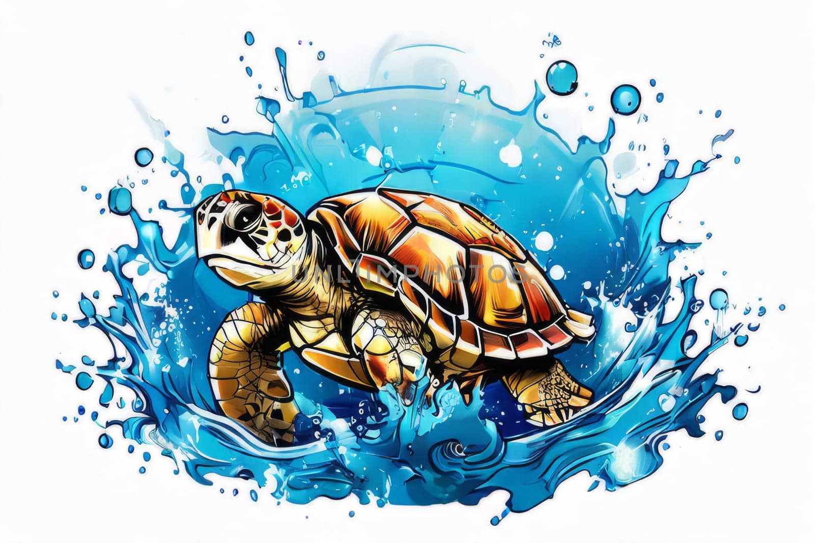 Majestic turtle glides effortlessly through clear blue waters, its shell glistening in sunlight. For educational materials for kids, game design, animated movies, tourism, stationery, Tshirt design. by Angelsmoon