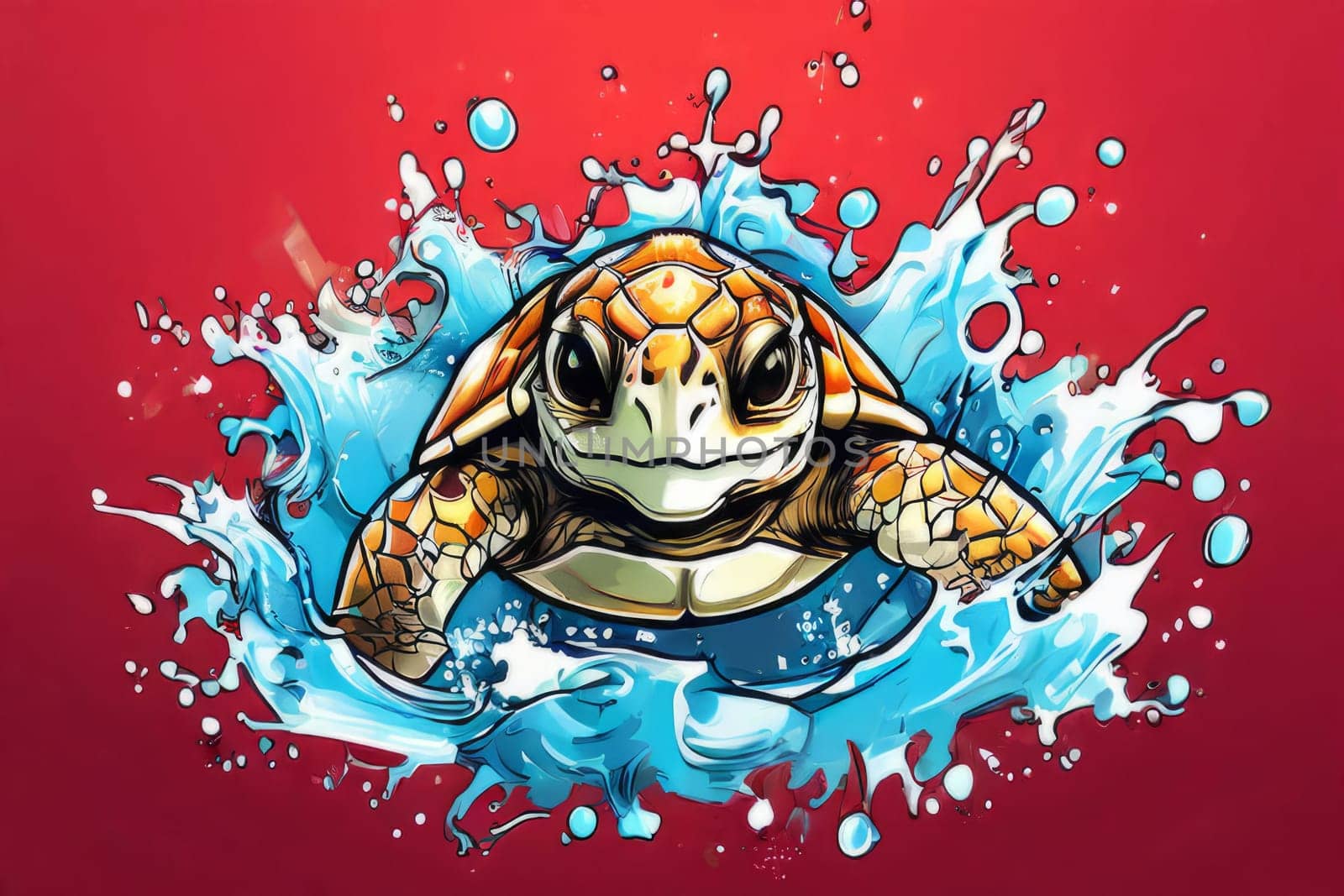 Serene turtle gracefully swimming through water amidst trail of bubbles. For fashion, clothing design, animal themed clothing advertising, as illustration for interesting clothing style,Tshirt design. by Angelsmoon