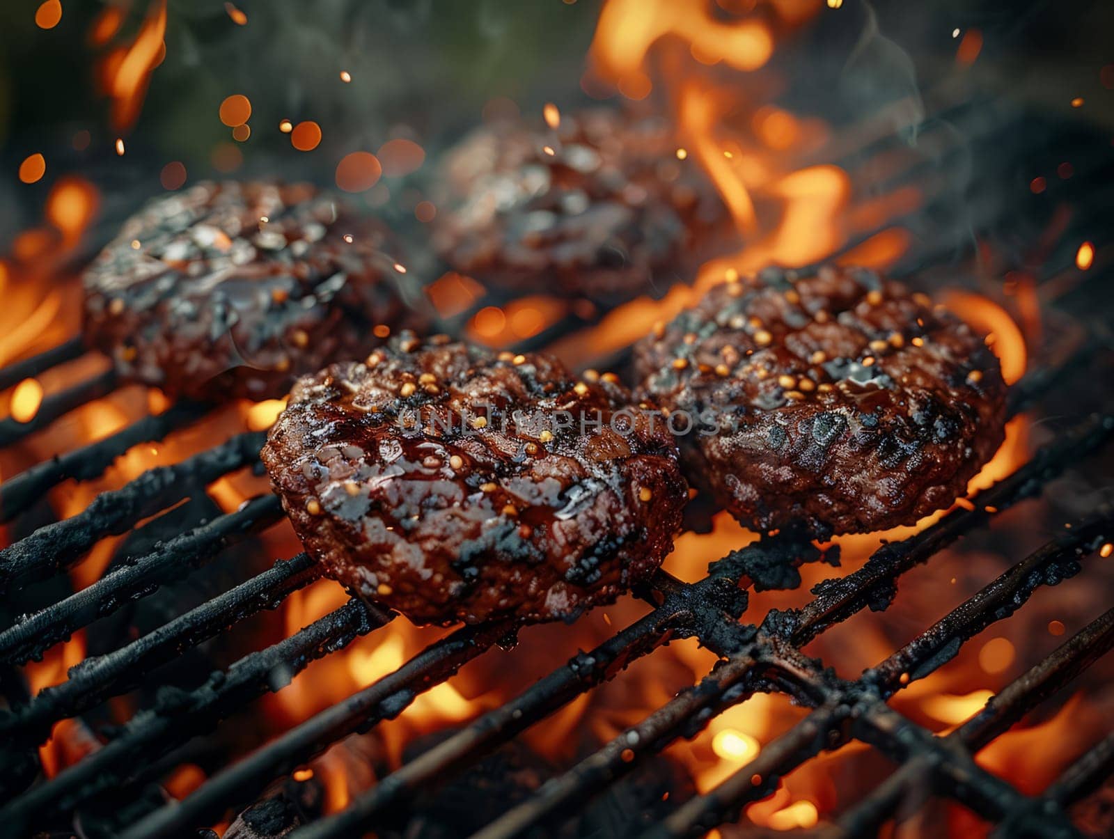 Beef meat minced hamburgers over the flaming grill barbecue fire. by iliris