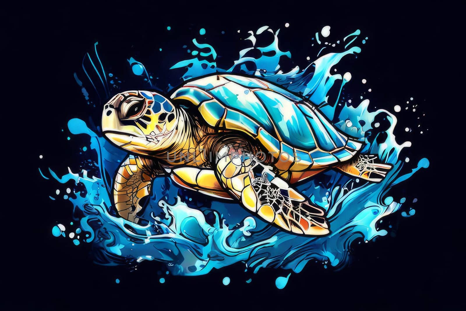 Exquisite image showcasing serene turtle gliding through crystal-clear blue waters of ocean. For fashion, clothing design, animal themed clothing advertising, Tshirt design. by Angelsmoon