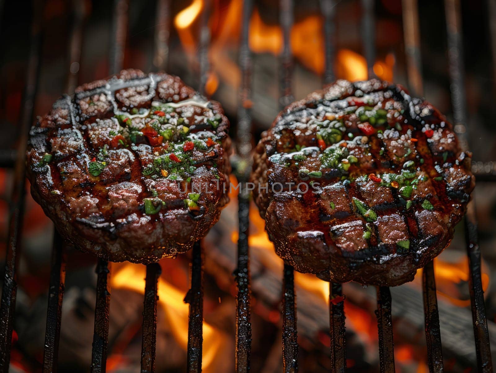 Beef meat minced hamburgers over the flaming grill barbecue fire. Ai generated