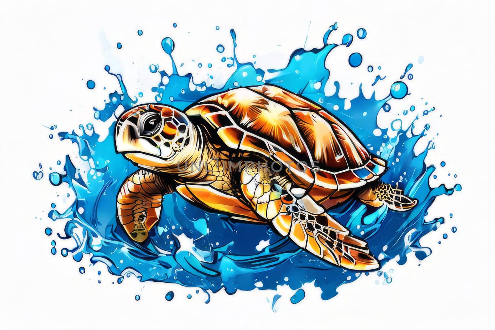 Turtle riding wave on white background. For Tshirt design, posters, postcards, other merchandise with marine theme, childrens books, educational materials for kids, tourism, stationery