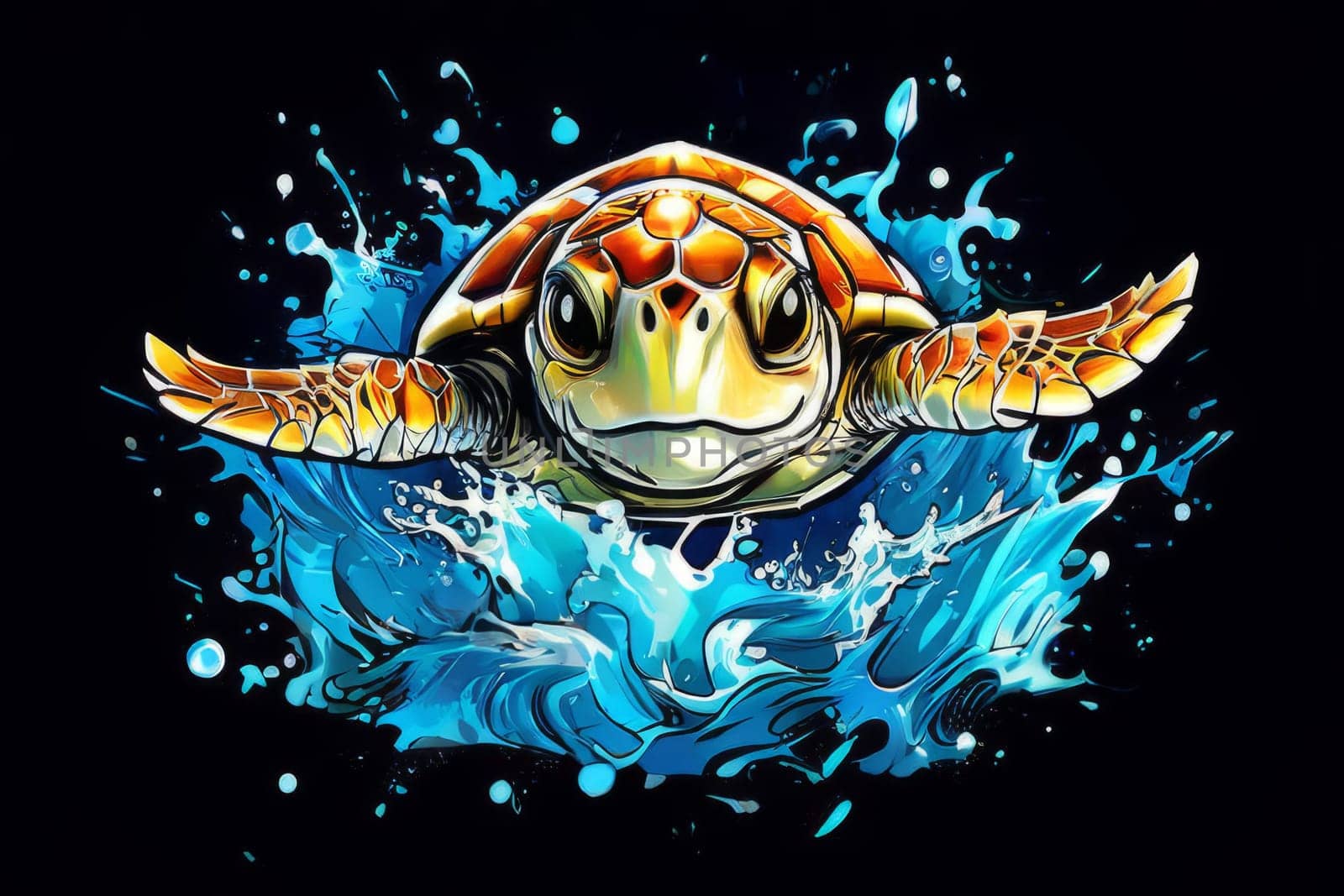 Turtle gracefully swimming in water. For educational materials for kids, game design, animated movies, tourism, stationery, Tshirt design, posters, postcards, childrens books