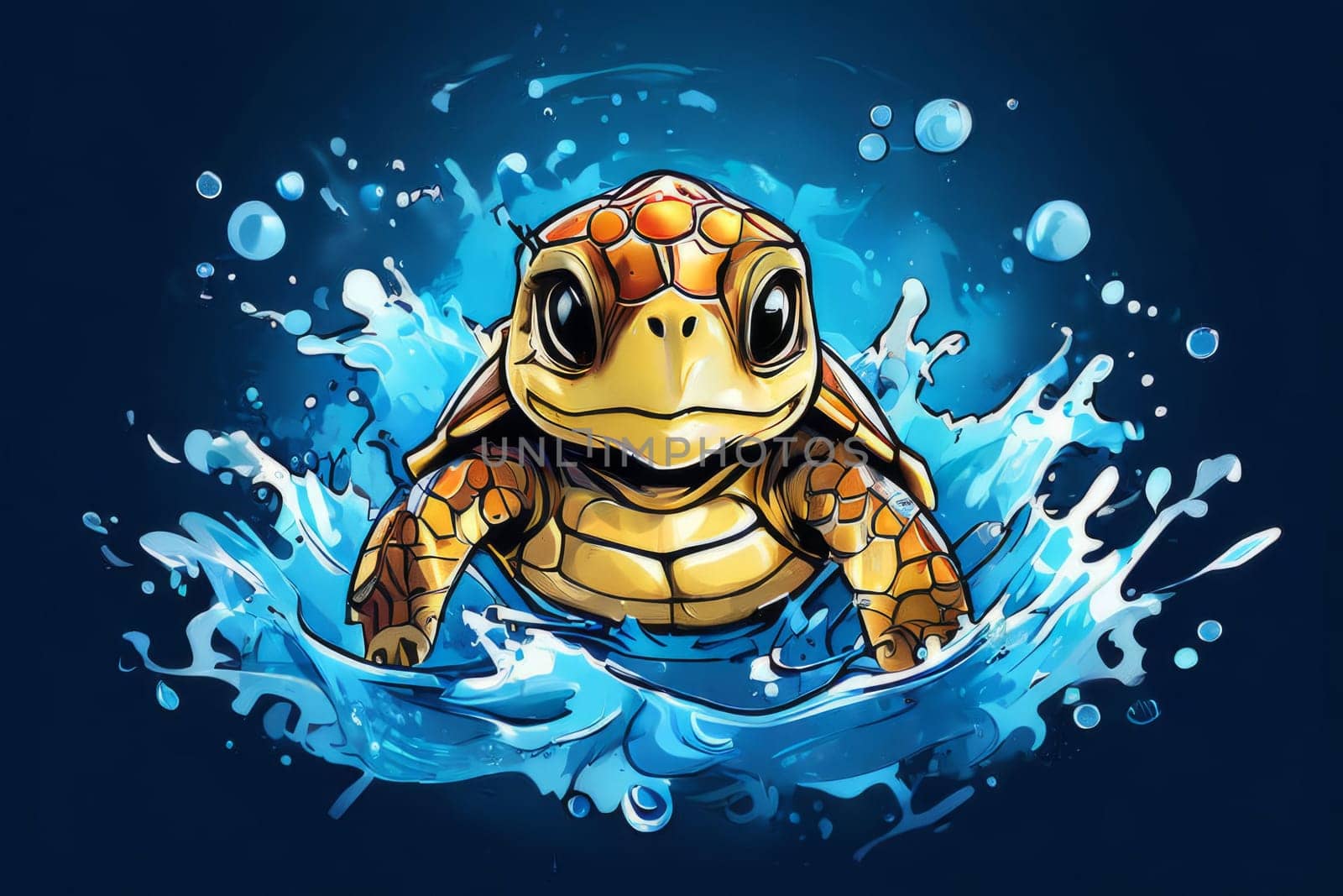 Turtle glides through its aquatic environment, showcasing beauty, tranquility of underwater world. For Tshirt design, posters, postcards, other merchandise with marine theme, childrens books, tourism