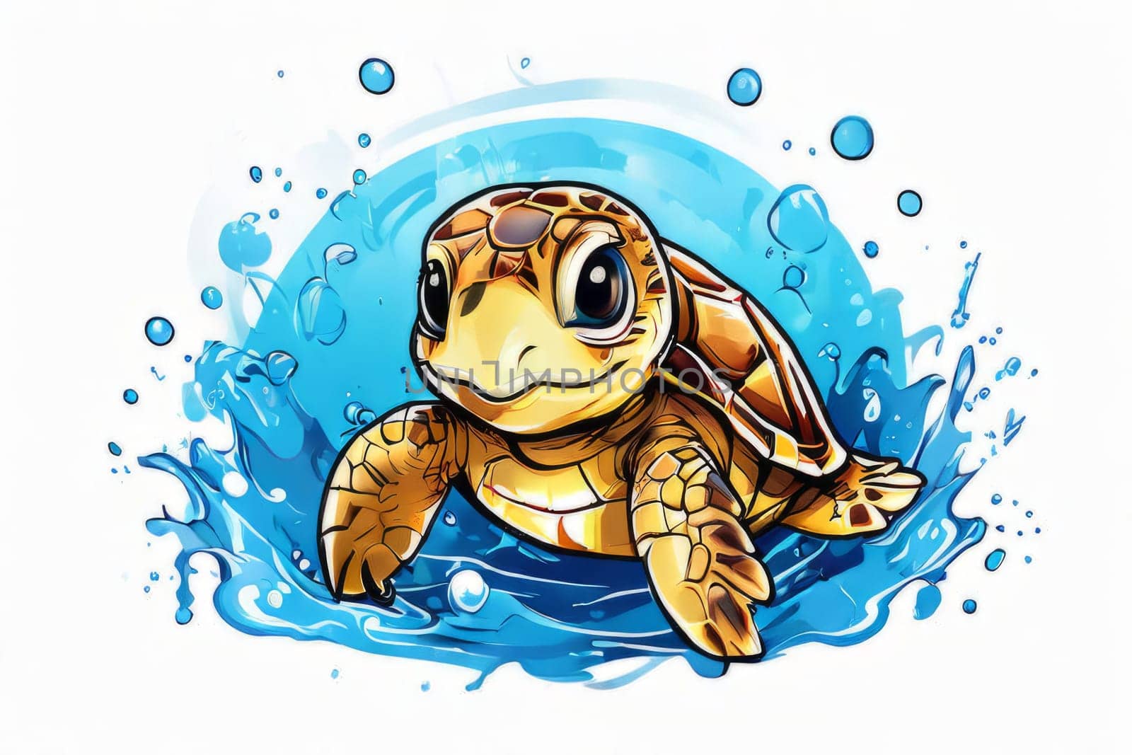 Turtle glides through its aquatic environment, showcasing beauty, tranquility of underwater world. For Tshirt design, posters, postcards, other merchandise with marine theme, childrens books, tourism. by Angelsmoon