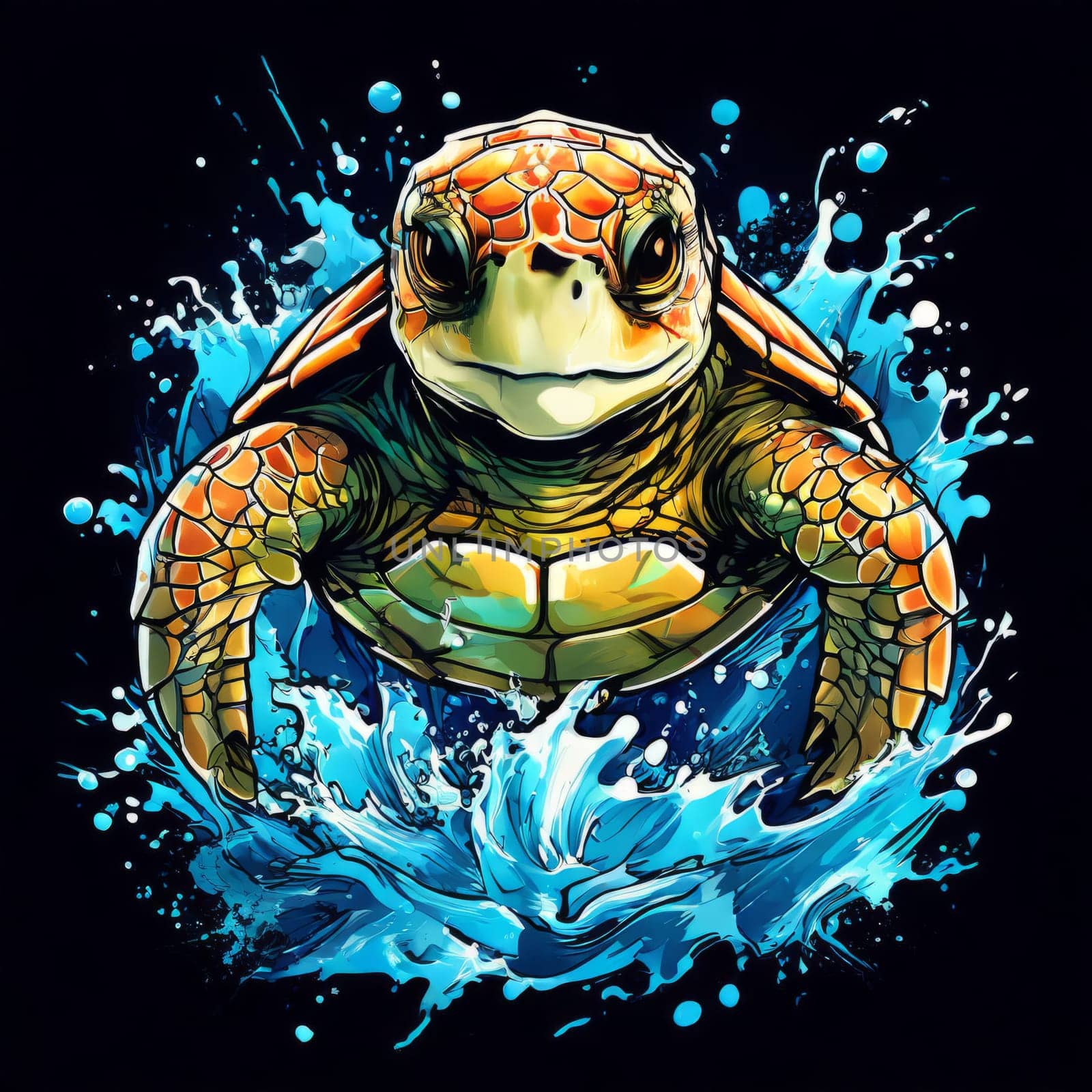 Turtle gracefully swimming in water surrounded by bubbles, showcasing its serene underwater world. For Tshirt design, posters, postcards, other merchandise with marine theme, childrens books