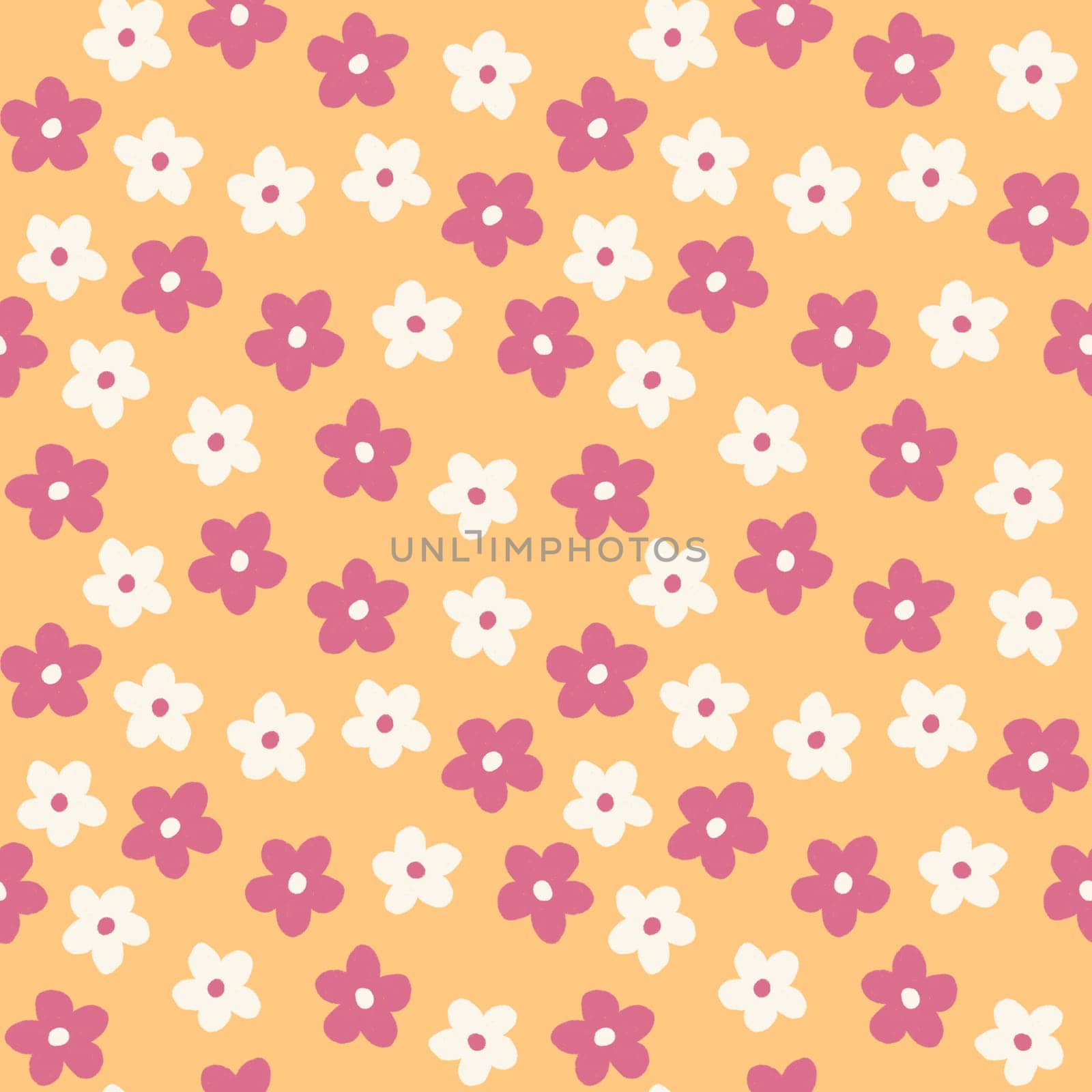 Hand drawn seamless pattern with floral flowers. Peach fuzz apricot orange ornament, simple retro pastel garden print with vintage ditsy elements. Color of the year design, trendy fabric background