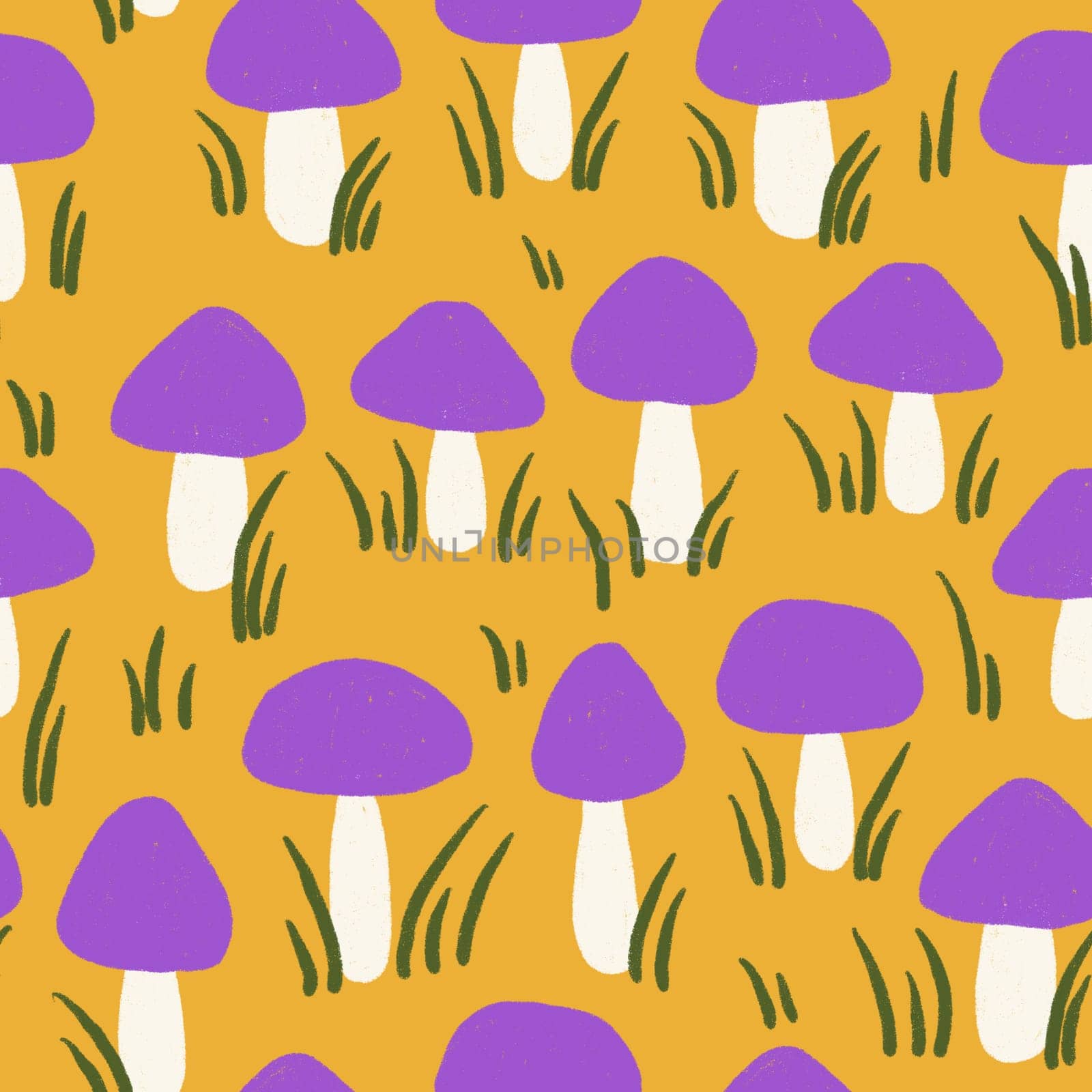 Hand drawn seamless pattern with forest mushroom fungi in pirple yellow leaves on yellow background. Toadstool toxic fungi caps poisonous herbs wood woodland, witch concept, fall autumn flora. by Lagmar