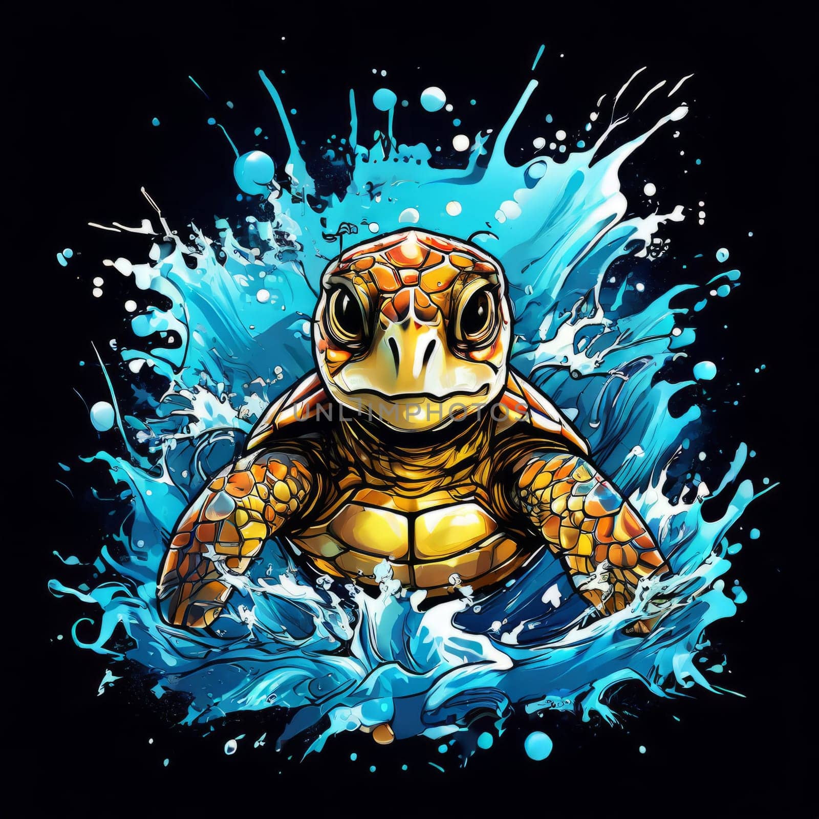 Turtle moves gracefully through water, its movements fluid, effortless. For fashion, clothing design, animal themed clothing advertising, as illustration for interesting clothing style, Tshirt design. by Angelsmoon