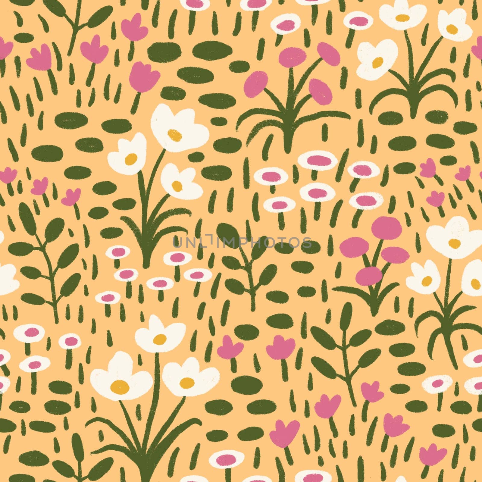 Hand drawn seamless pattern with colorful meadow flowers on yellow background. Bright funny print for nursery kids children, white pink orange colors, simple illustration for fabric wrapping paper