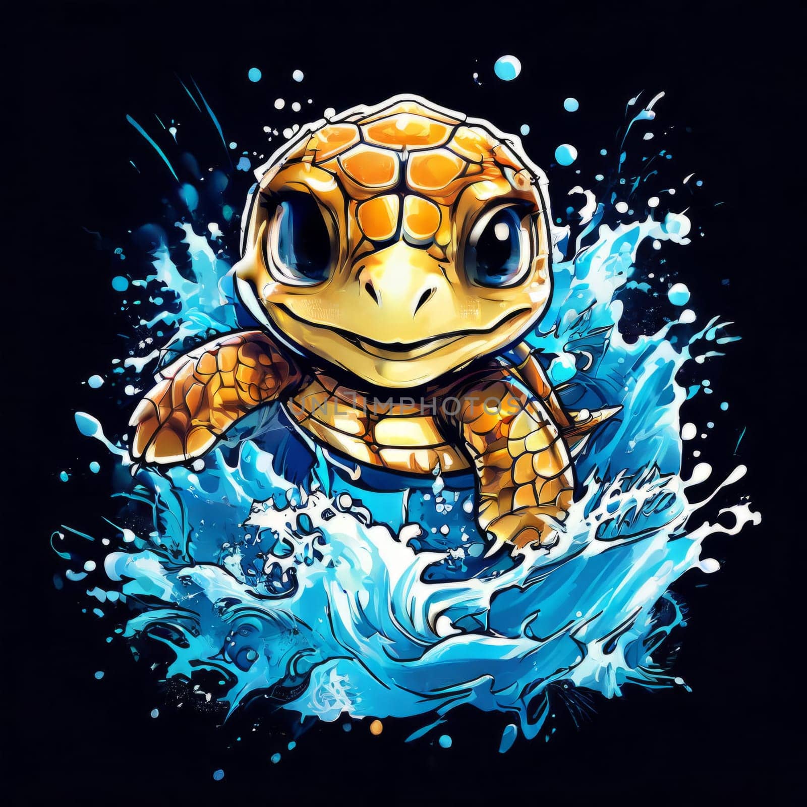 Turtle gracefully swimming in water surrounded by bubbles, showcasing its serene underwater world. For Tshirt design, posters, postcards, other merchandise with marine theme, childrens books