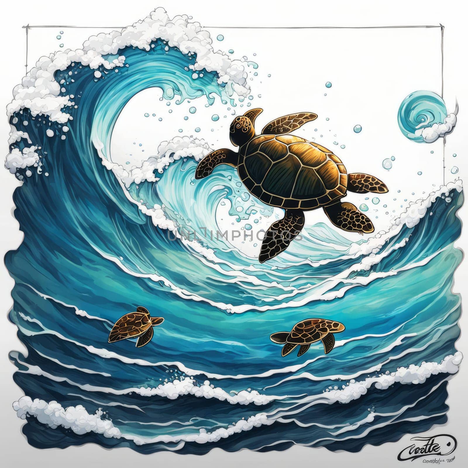 Turtle riding wave on white background. For Tshirt design, posters, postcards, other merchandise with marine theme, childrens books, educational materials for kids, tourism, stationery