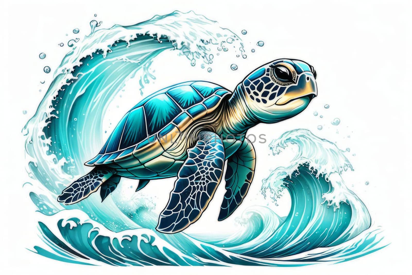 Turtle riding wave on white background. For Tshirt design, posters, postcards, other merchandise with marine theme, childrens books, educational materials for kids, tourism, stationery