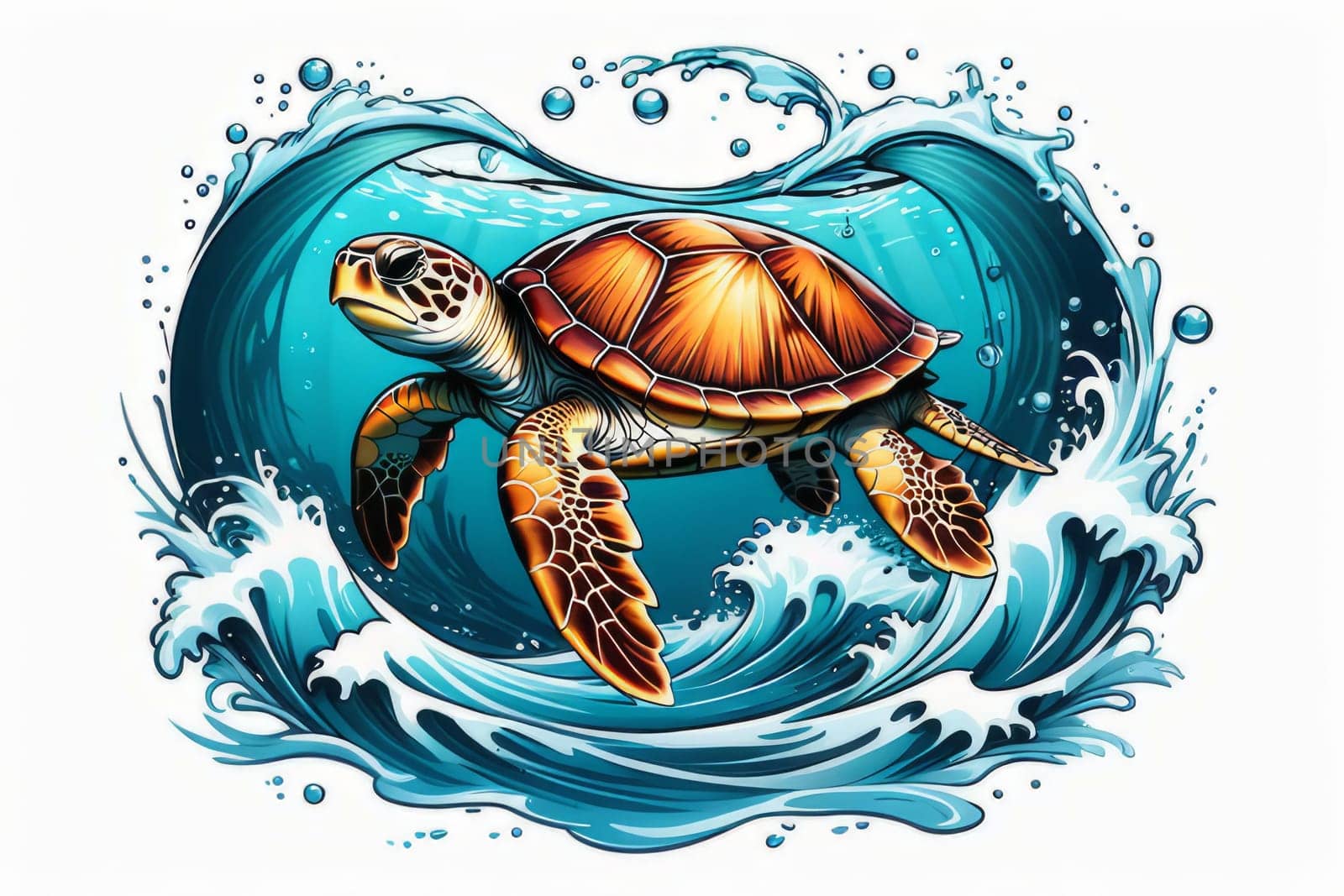 Turtle moves gracefully through water, its movements fluid, effortless. For fashion, clothing design, animal themed clothing advertising, as illustration for interesting clothing style, Tshirt design