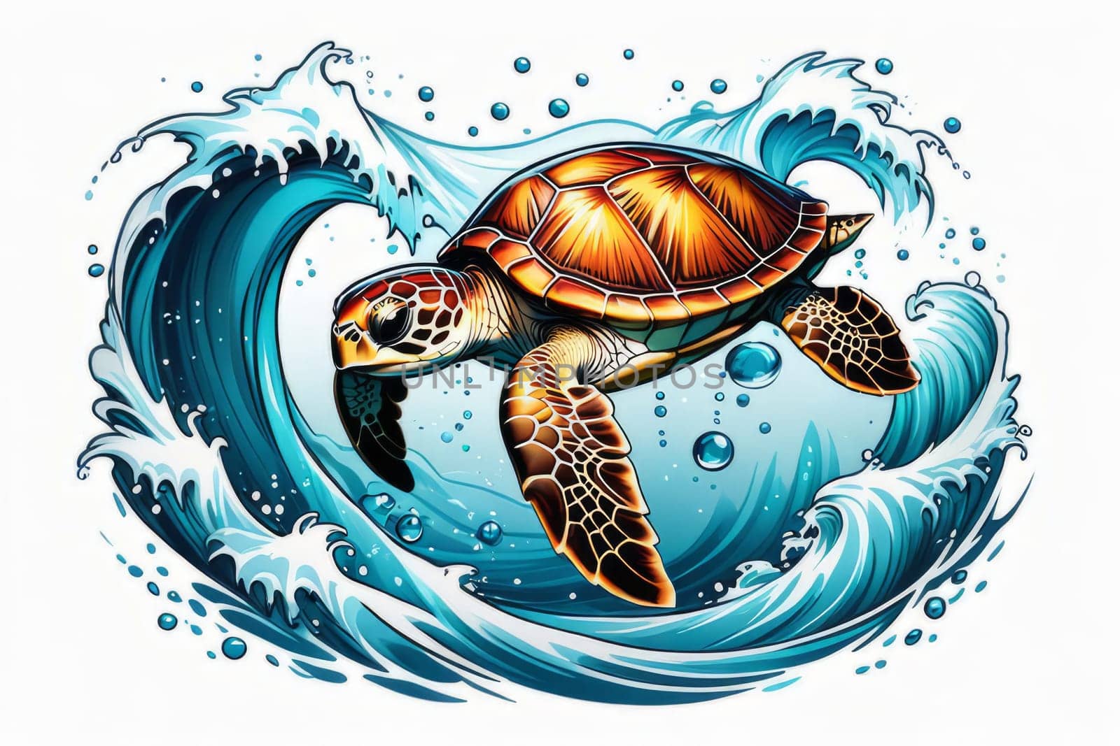 Majestic sea turtle gracefully gliding through crystal-clear waters of ocean. For educational materials for kids, game design, animated movies, tourism, stationery, Tshirt design, clothing design