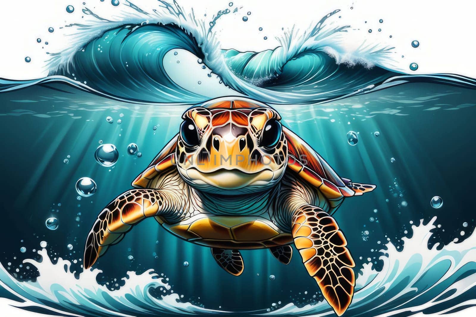 Vibrant sea turtle elegantly maneuvering its way through shimmering azure ocean depths, showcasing beauty, tranquility of marine life in its natural habitat.For fashion, clothing design, Tshirt design