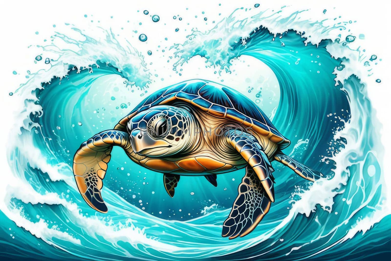 Turtle gracefully swimming in water surrounded by bubbles, showcasing its serene underwater world. For Tshirt design, posters, postcards, other merchandise with marine theme, childrens books. by Angelsmoon