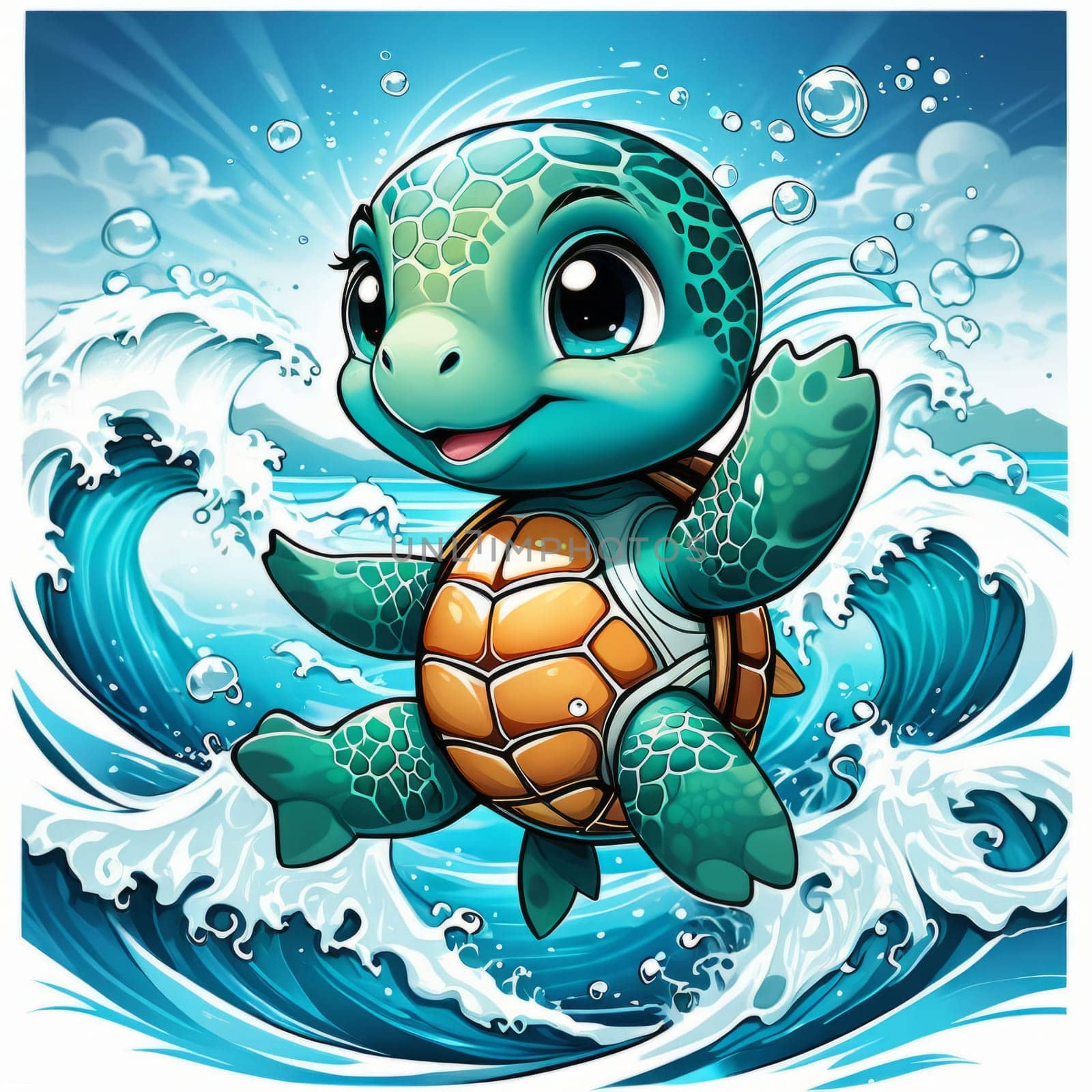 Exquisite image showcasing serene turtle gliding through crystal-clear blue waters of ocean. For fashion, clothing design, animal themed clothing advertising, Tshirt design