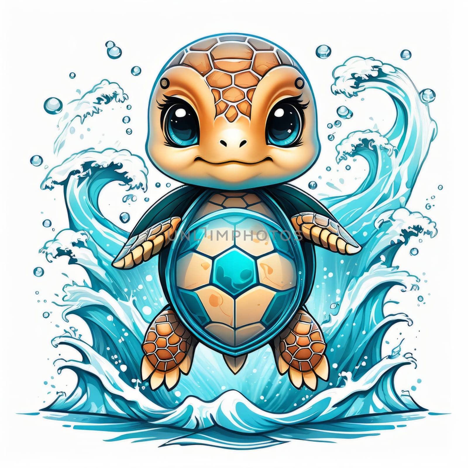 Turtle riding wave on white background. For Tshirt design, posters, postcards, other merchandise with marine theme, childrens books, educational materials for kids, tourism, stationery